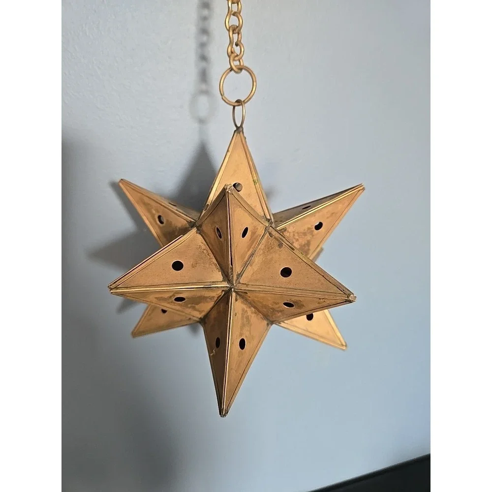 Vtg. Moravian Star Pierced Metal Votive Candle Pendant Hanging Light 6